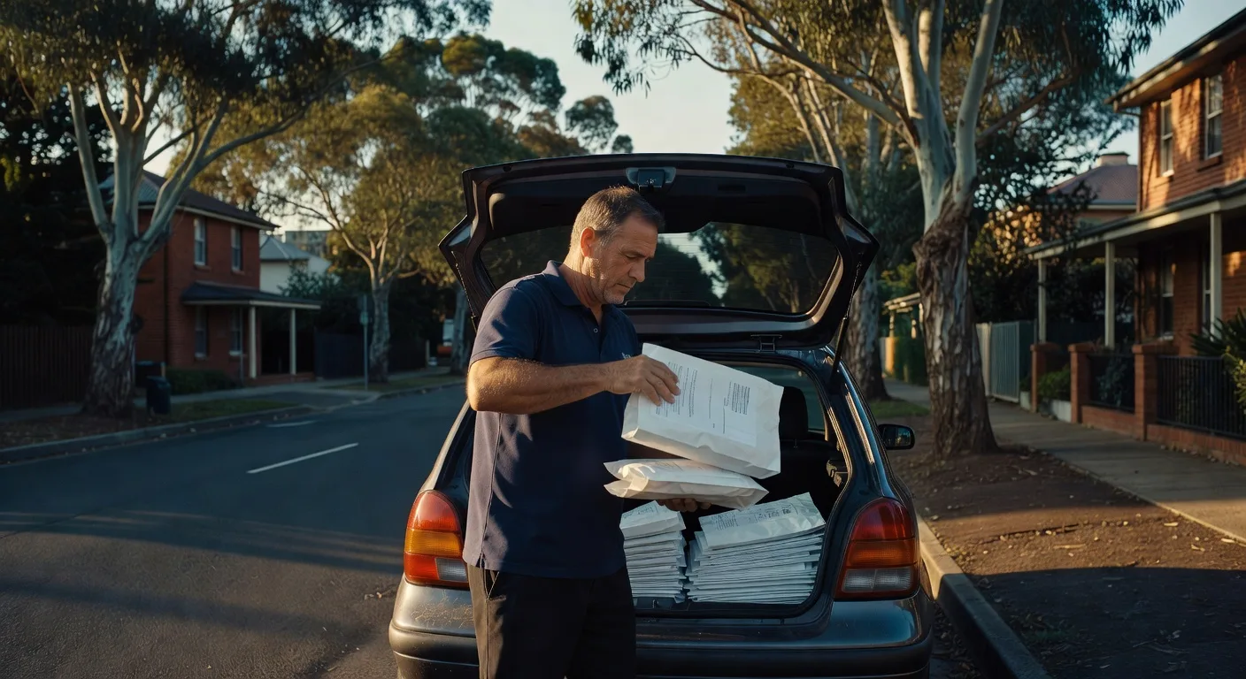 Pharmacy delivery driver loading prescription bags on a suburban Australian street