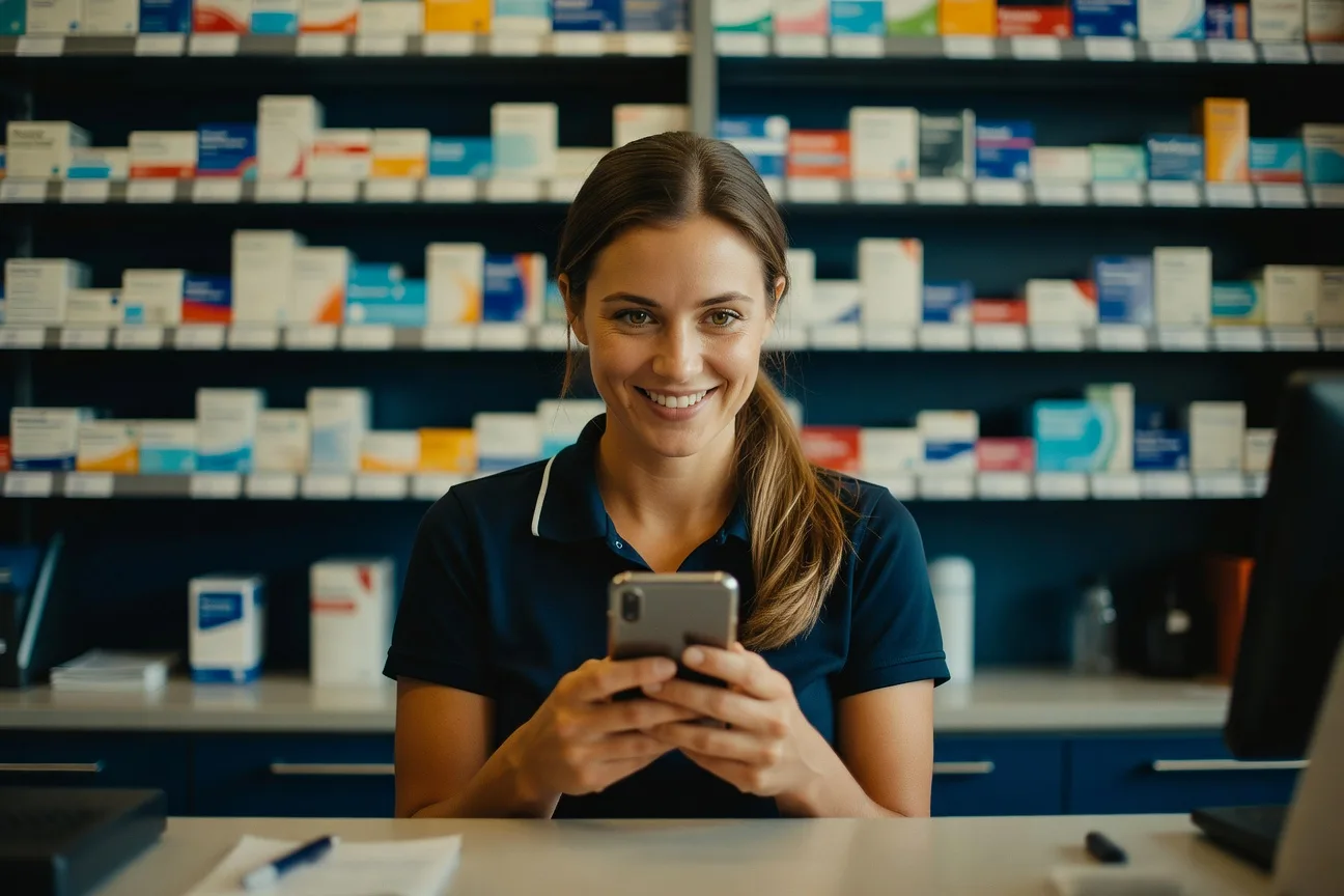 Australian pharmacy assistant messaging a customer