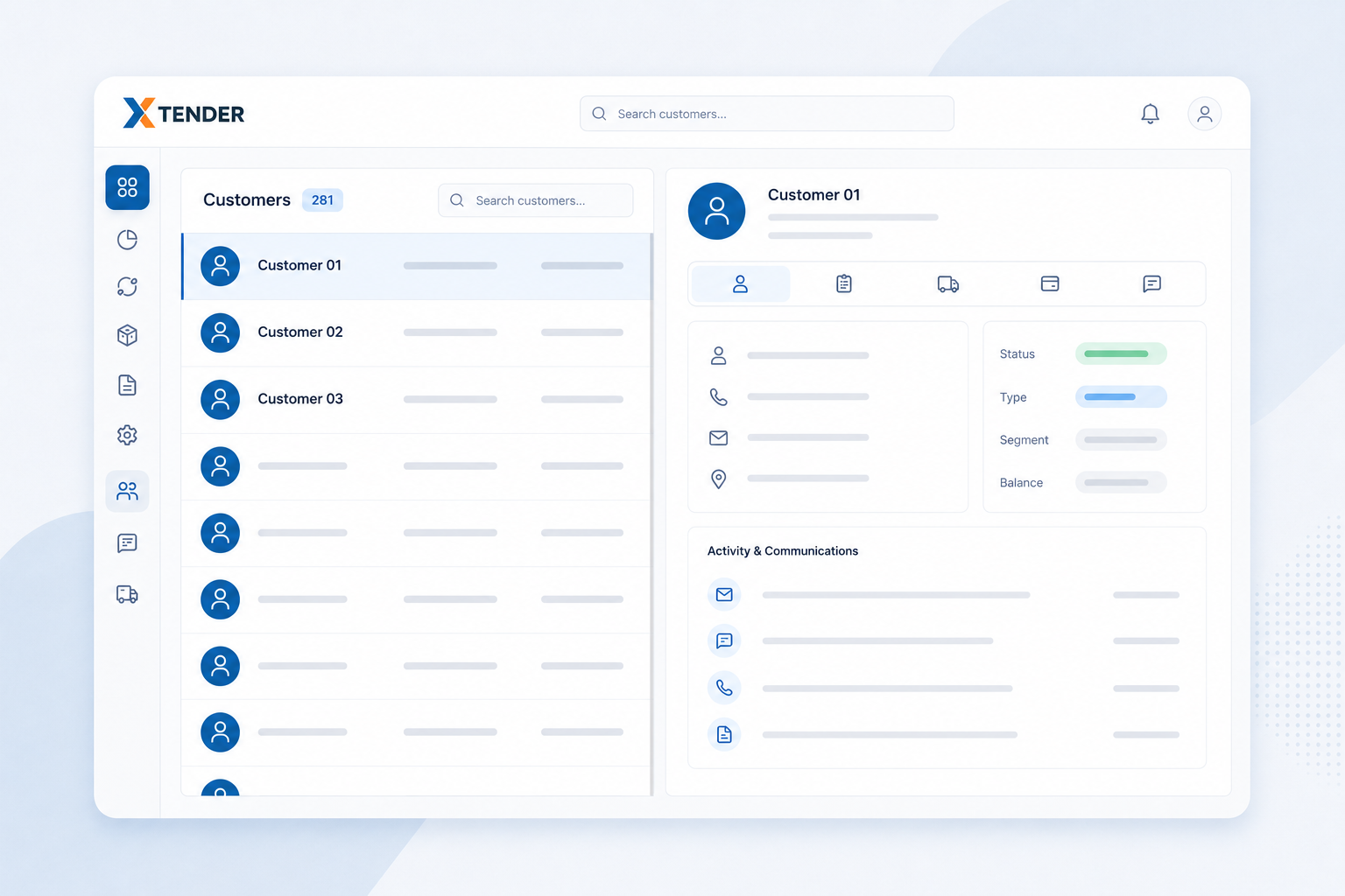 XTender customer workspace showing activity and communication tools