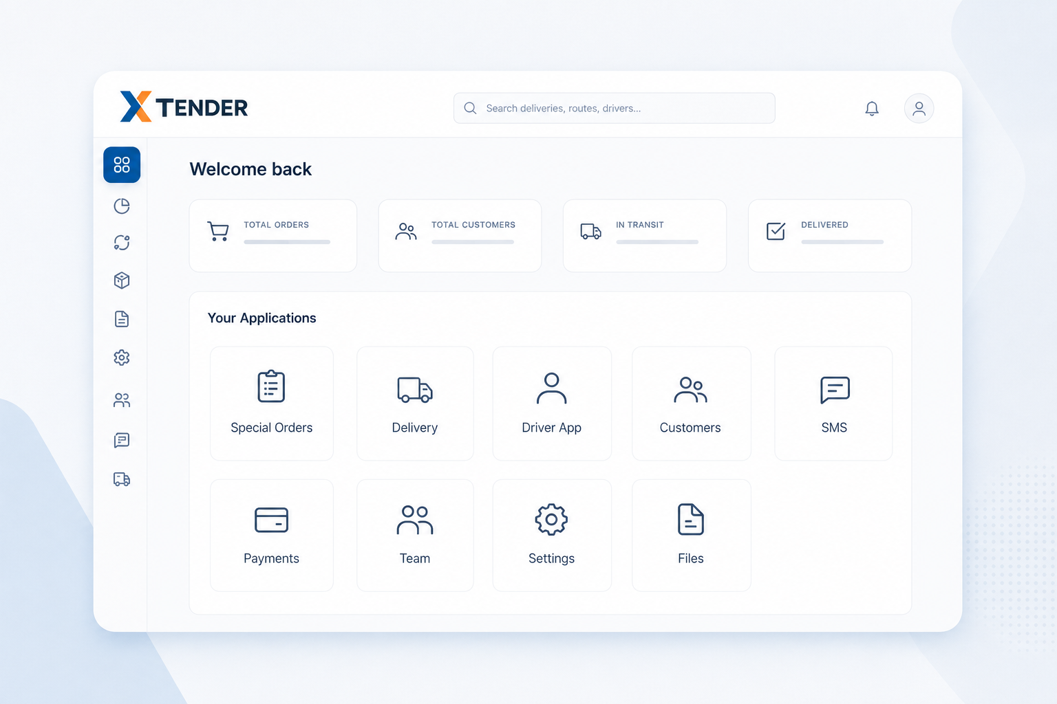 XTender pharmacy operations dashboard showing orders, customers and deliveries