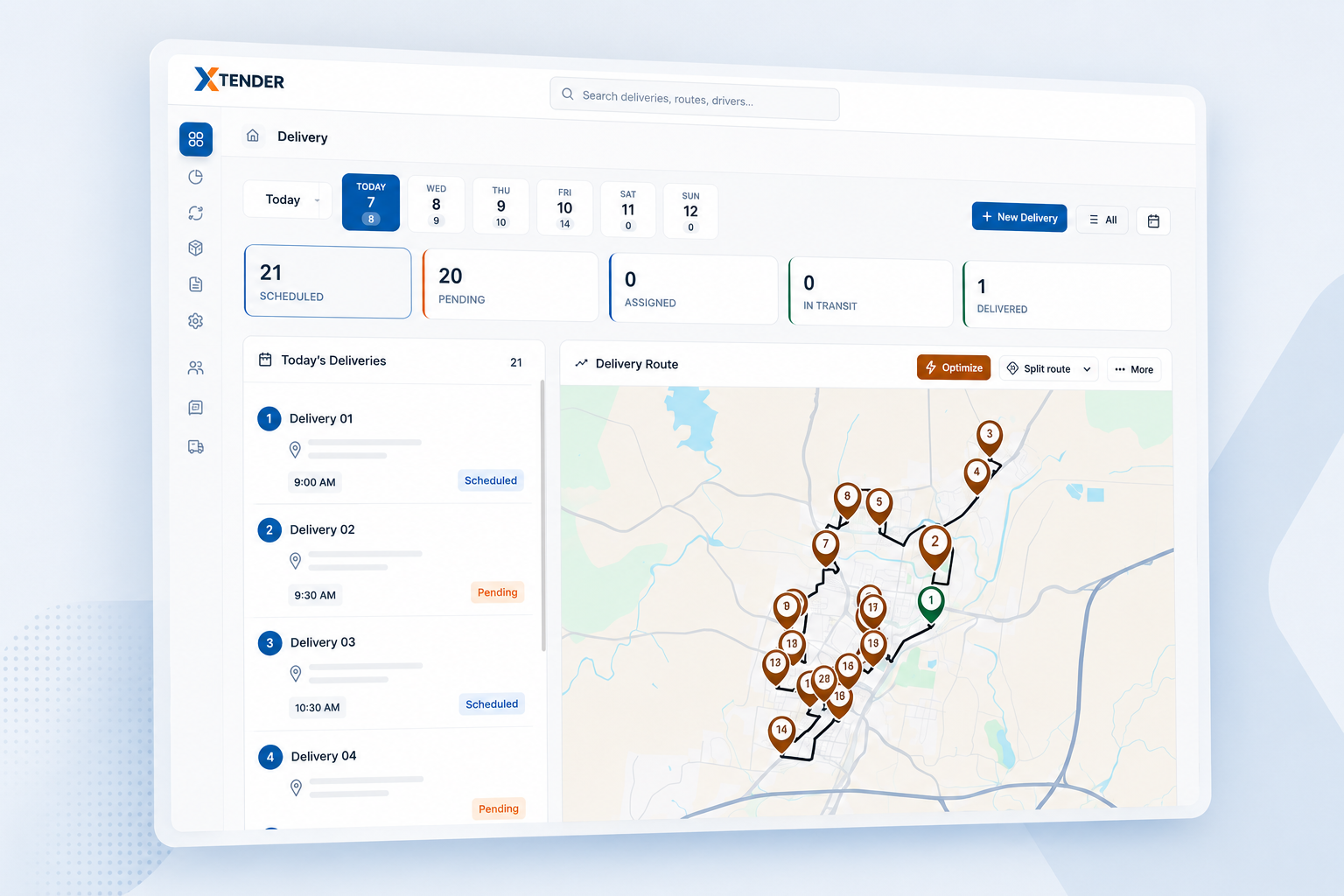 XTender delivery dashboard showing scheduled deliveries and an optimised route map